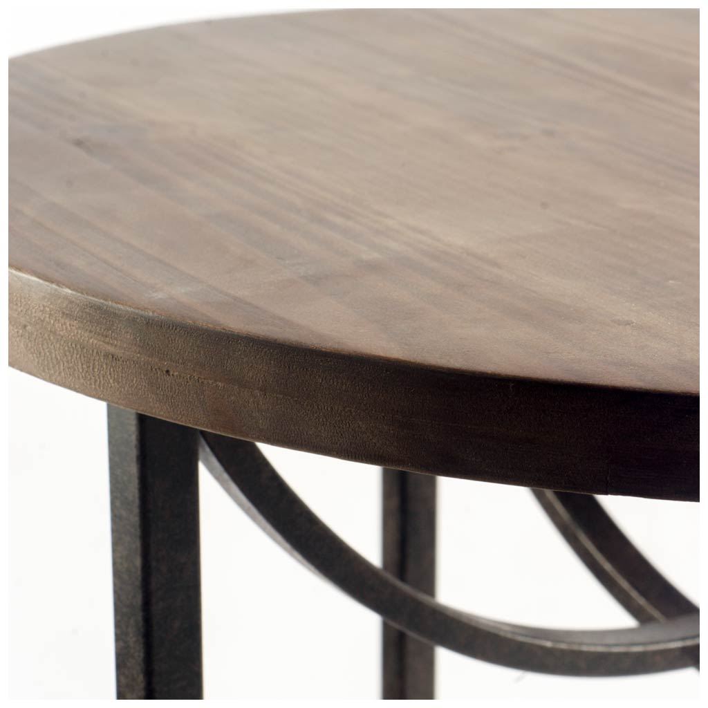 Brown Wood Round Top Accent Table with Black Metal Frame