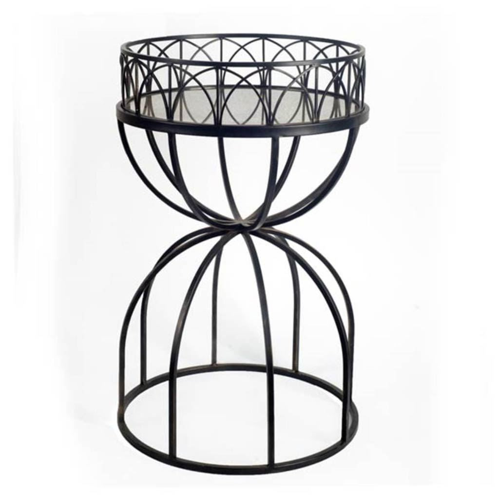 Hour-Glass Mirrored Top Accent Table with Black Iron Base