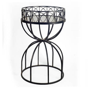 Hour-Glass Mirrored Top Accent Table with Black Iron Base