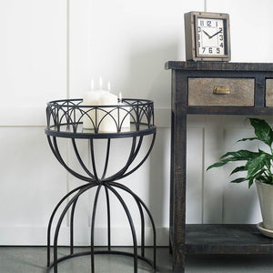 Hour-Glass Mirrored Top Accent Table with Black Iron Base