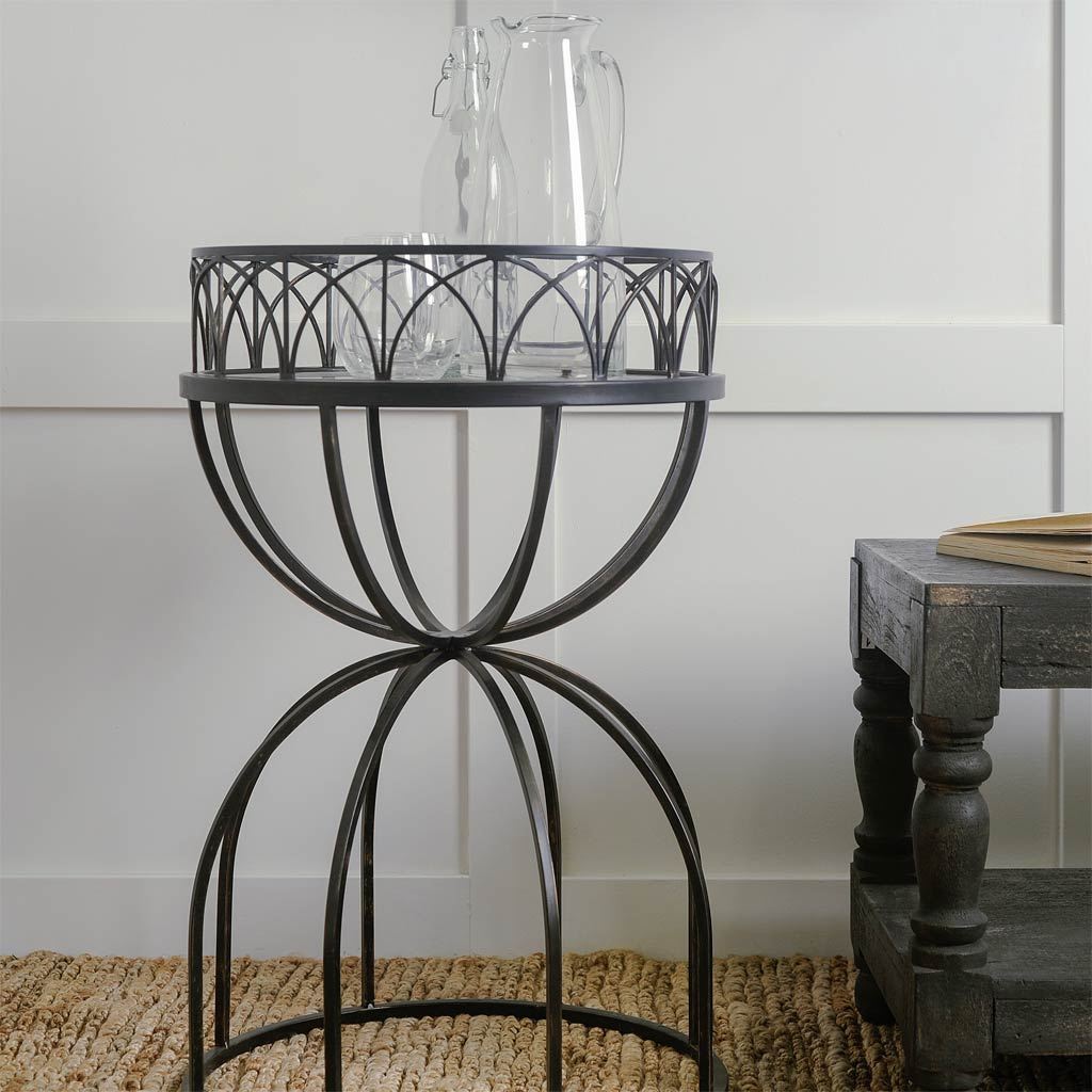 Hour-Glass Mirrored Top Accent Table with Black Iron Base