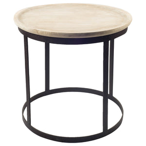 Light Brown Wood Round Top Accent Table with Black Iron Base