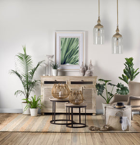 Light Brown Wood Round Top Accent Table with Black Iron Base