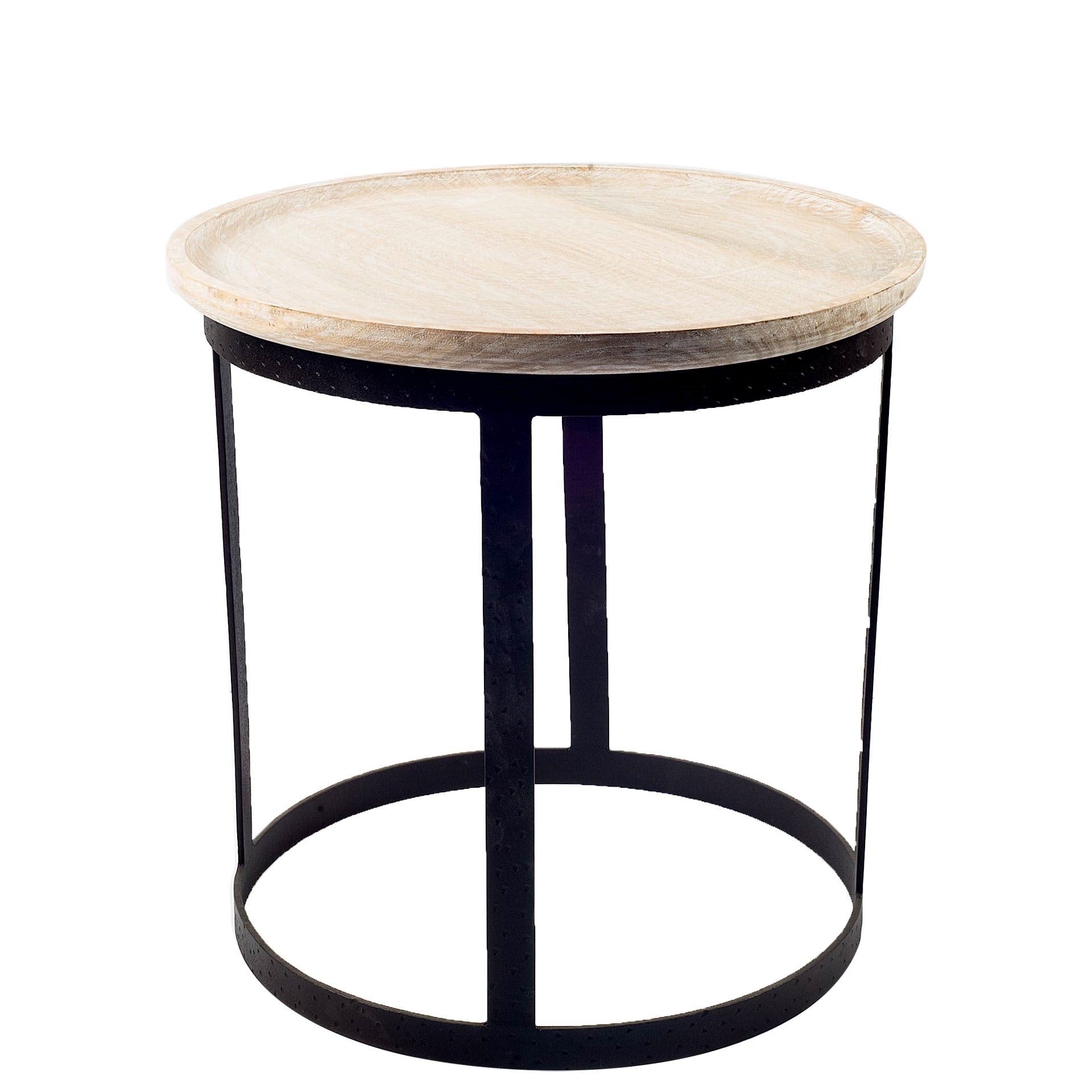 Light Brown Wood Round Top Accent Table with Black Metal Base