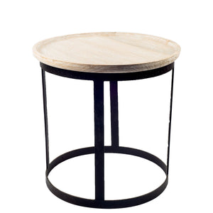 Light Brown Wood Round Top Accent Table with Black Metal Base