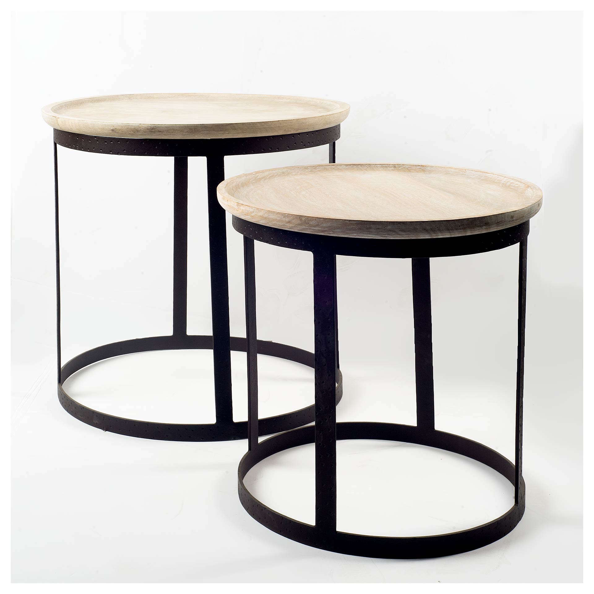Light Brown Wood Round Top Accent Table with Black Metal Base