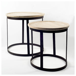 Light Brown Wood Round Top Accent Table with Black Metal Base