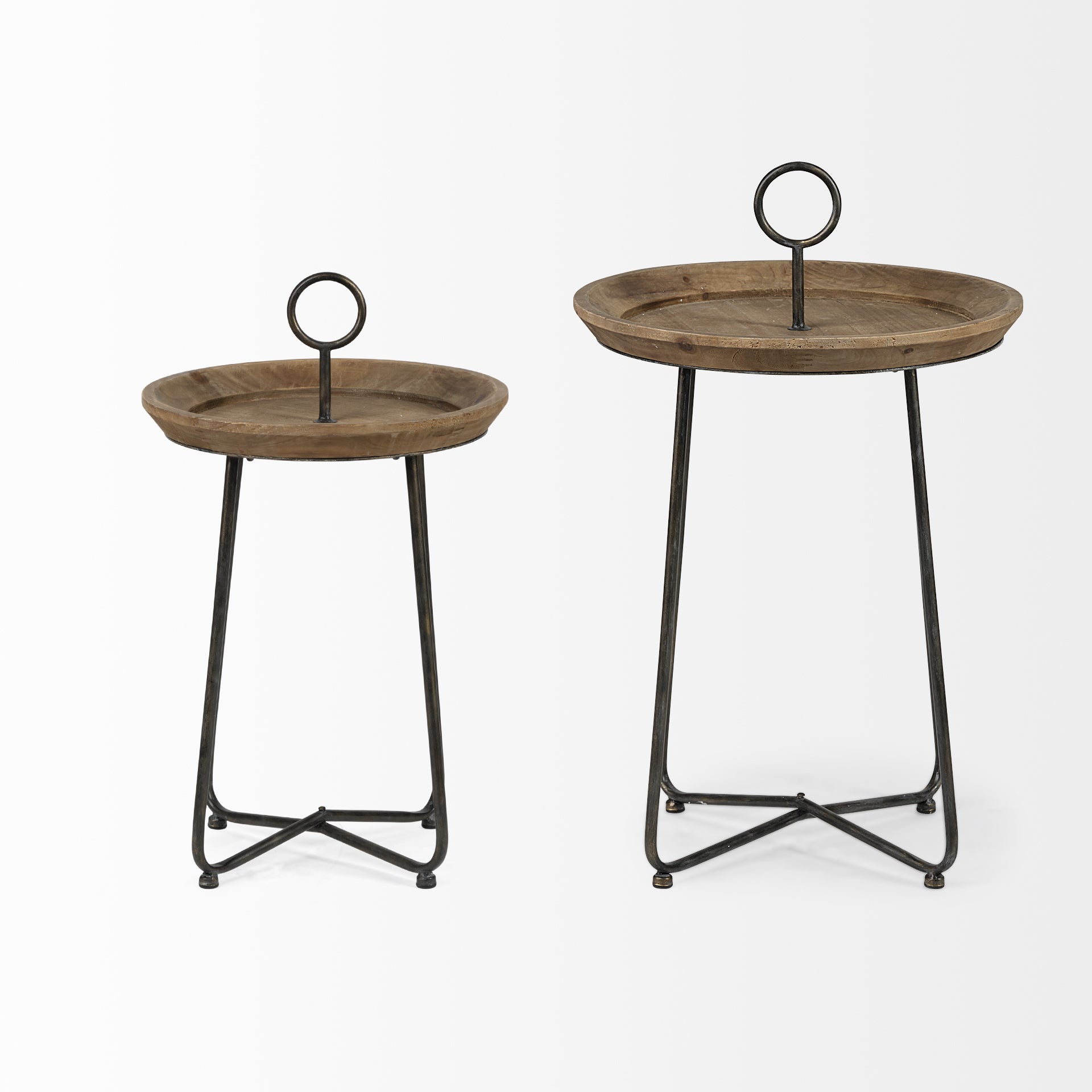 Brown Wood Round Top Accent Table with Black Metal Frame
