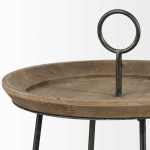 Brown Wood Round Top Accent Table with Black Metal Frame