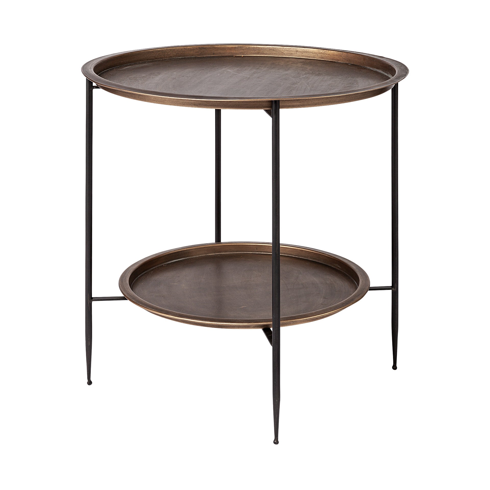 Copper-Toned Round Tray Top Accent Table with Black Iron Pipe Frame