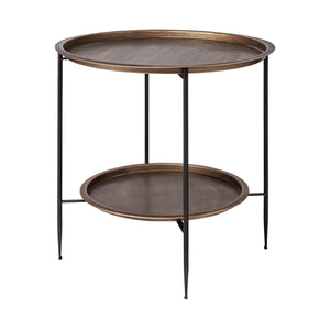 Copper-Toned Round Tray Top Accent Table with Black Iron Pipe Frame