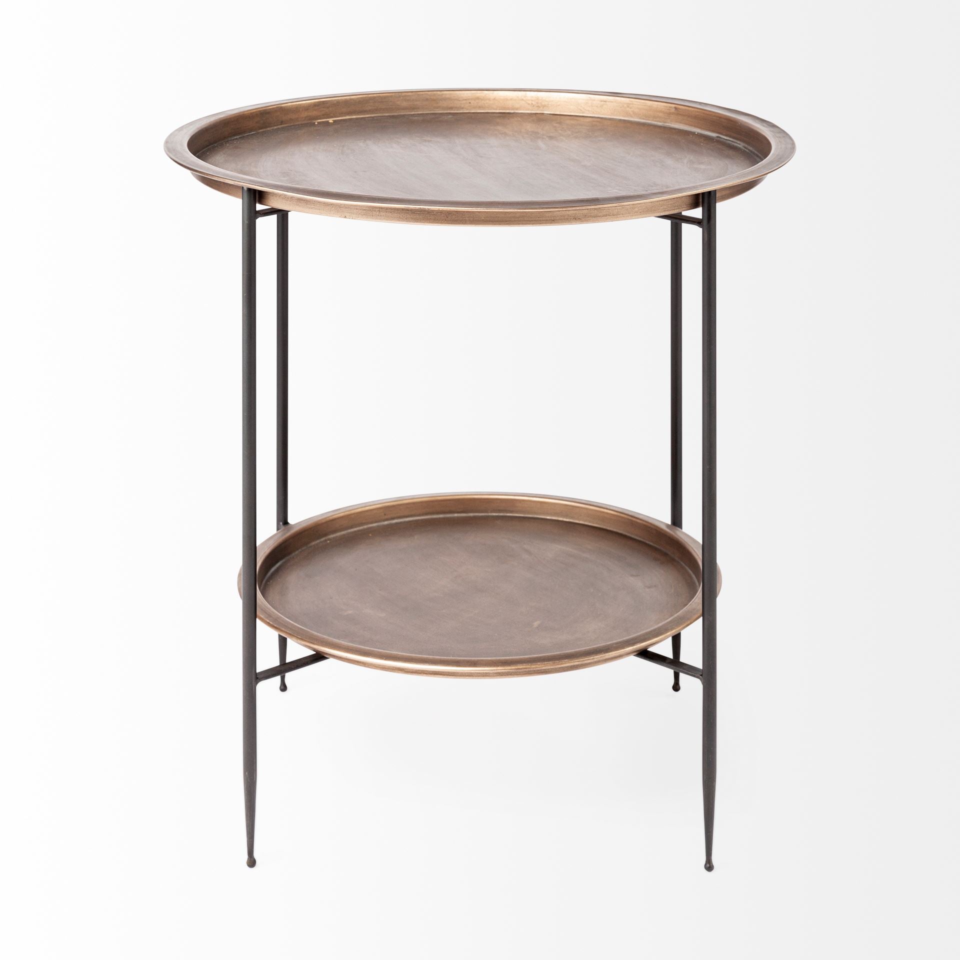 Copper-Toned Round Tray Top Accent Table with Black Iron Pipe Frame
