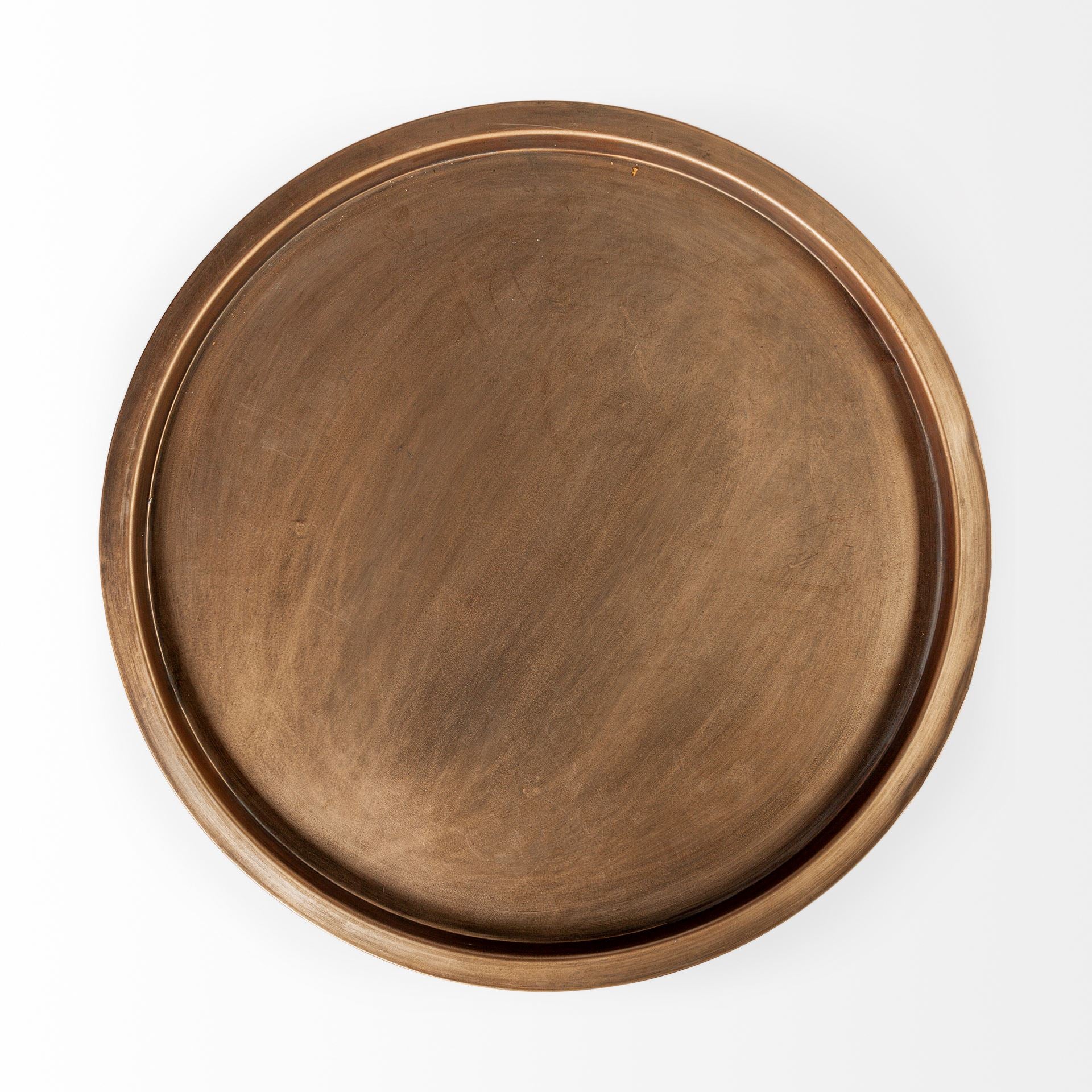 Copper-Toned Round Tray Top Accent Table with Black Iron Pipe Frame