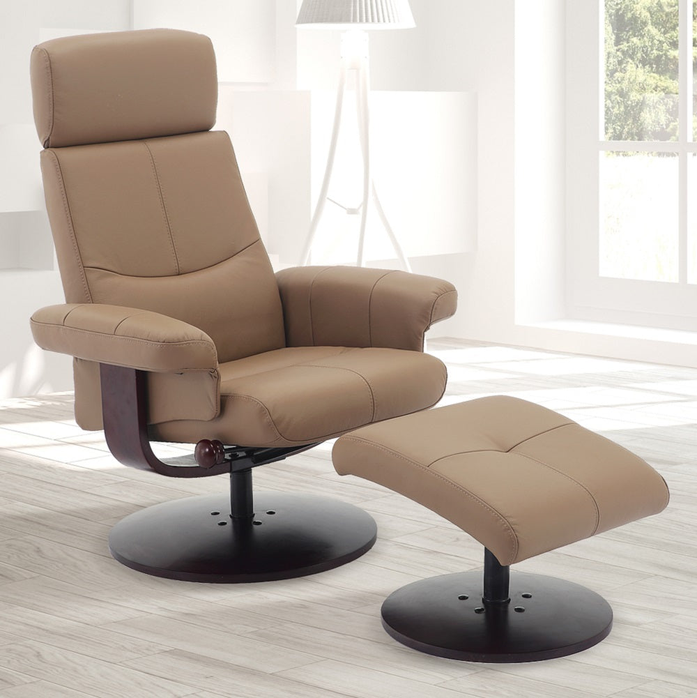 Camel Faux Leather Swivel Adjustable Recliner and Ottoman Set