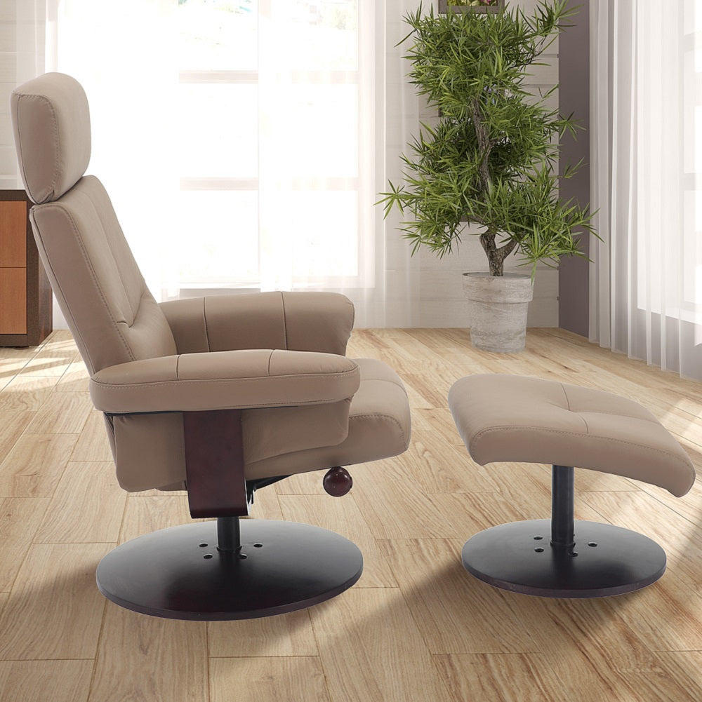 Camel Faux Leather Swivel Adjustable Recliner and Ottoman Set