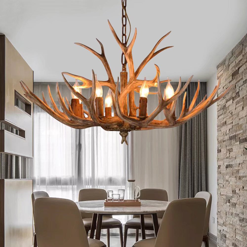 Brown Super Stag Faux Antlers Six Light LED Chandelier