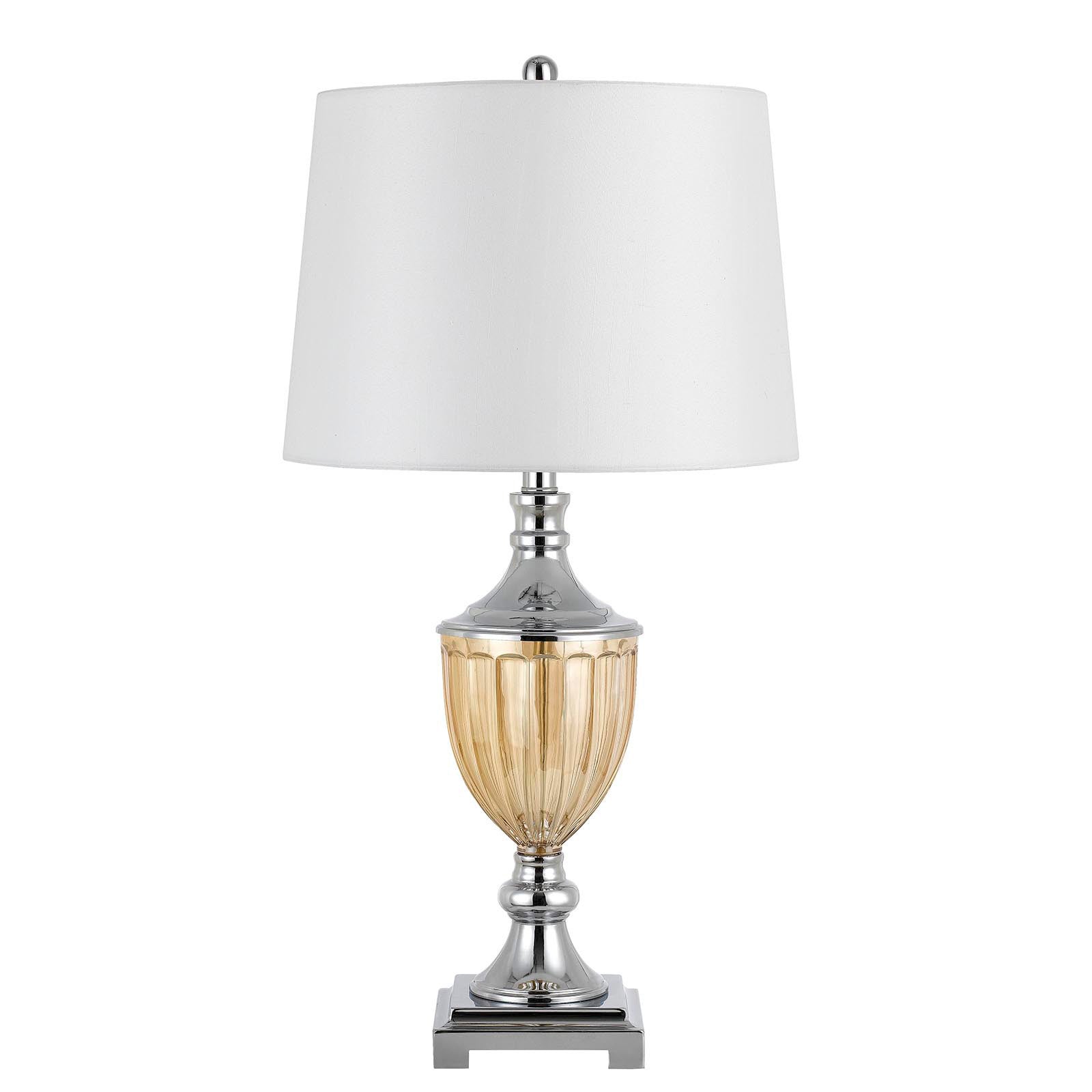 Set of Two 29” Amber Glass And Silver Table Lamp