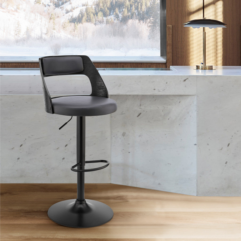 Gray Upholstered Black Base Adjustable Swivel Bar Stool