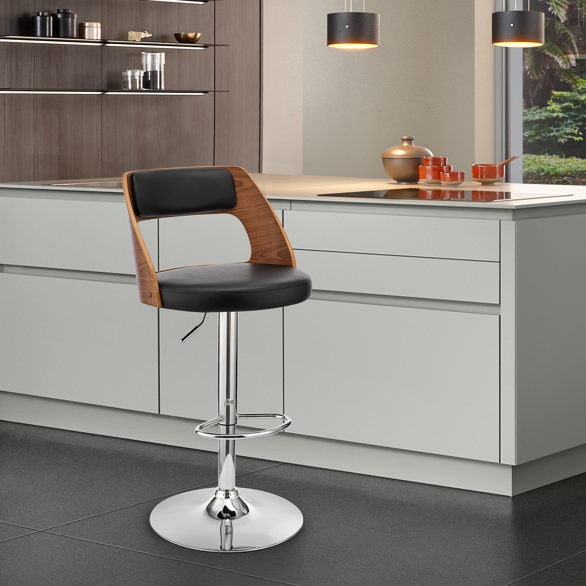 Black Upholstered Chrome Base Adjustable Swivel Bar Stool
