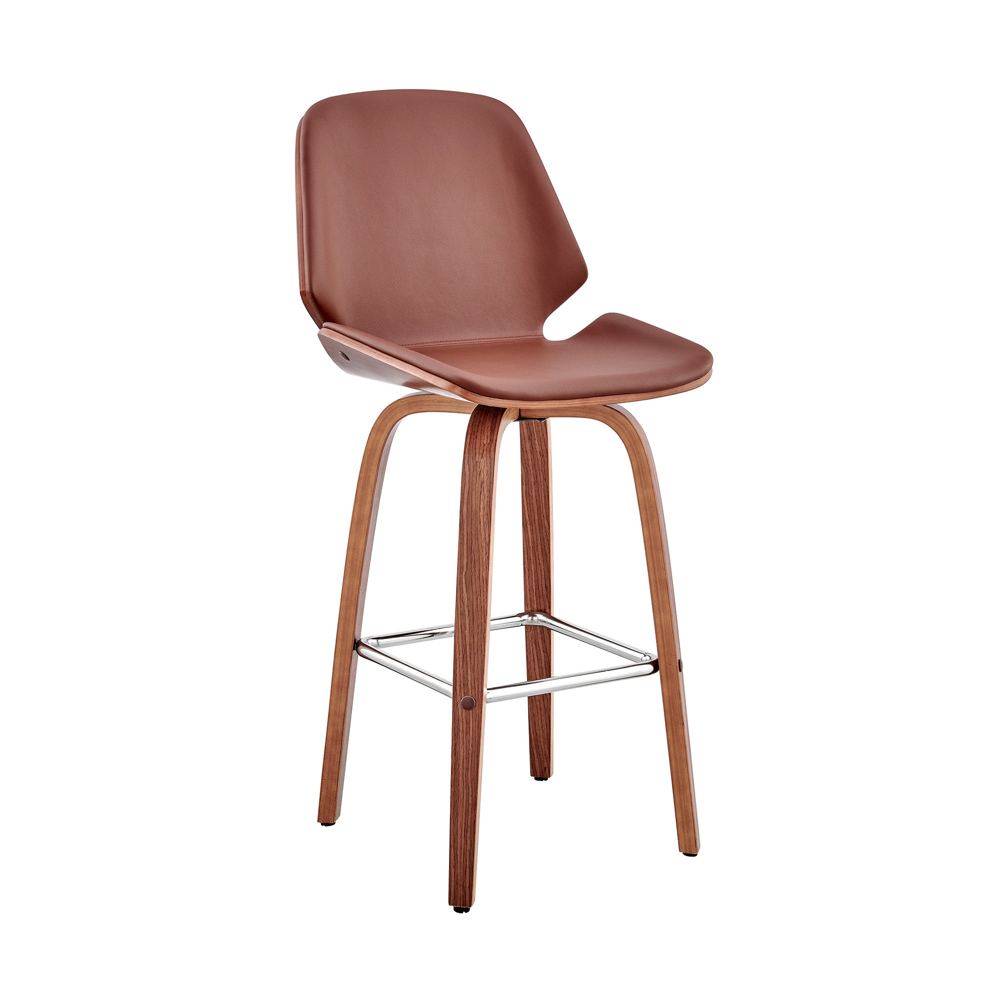 26" Brown Faux Leather Swivel Seat Wooden Bar Stool