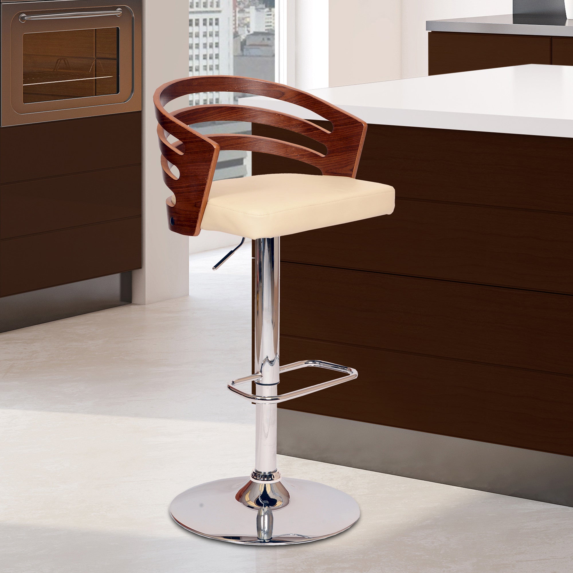 Cream Faux Leather Walnut and Chrome Adjustable Swivel Bar Stool