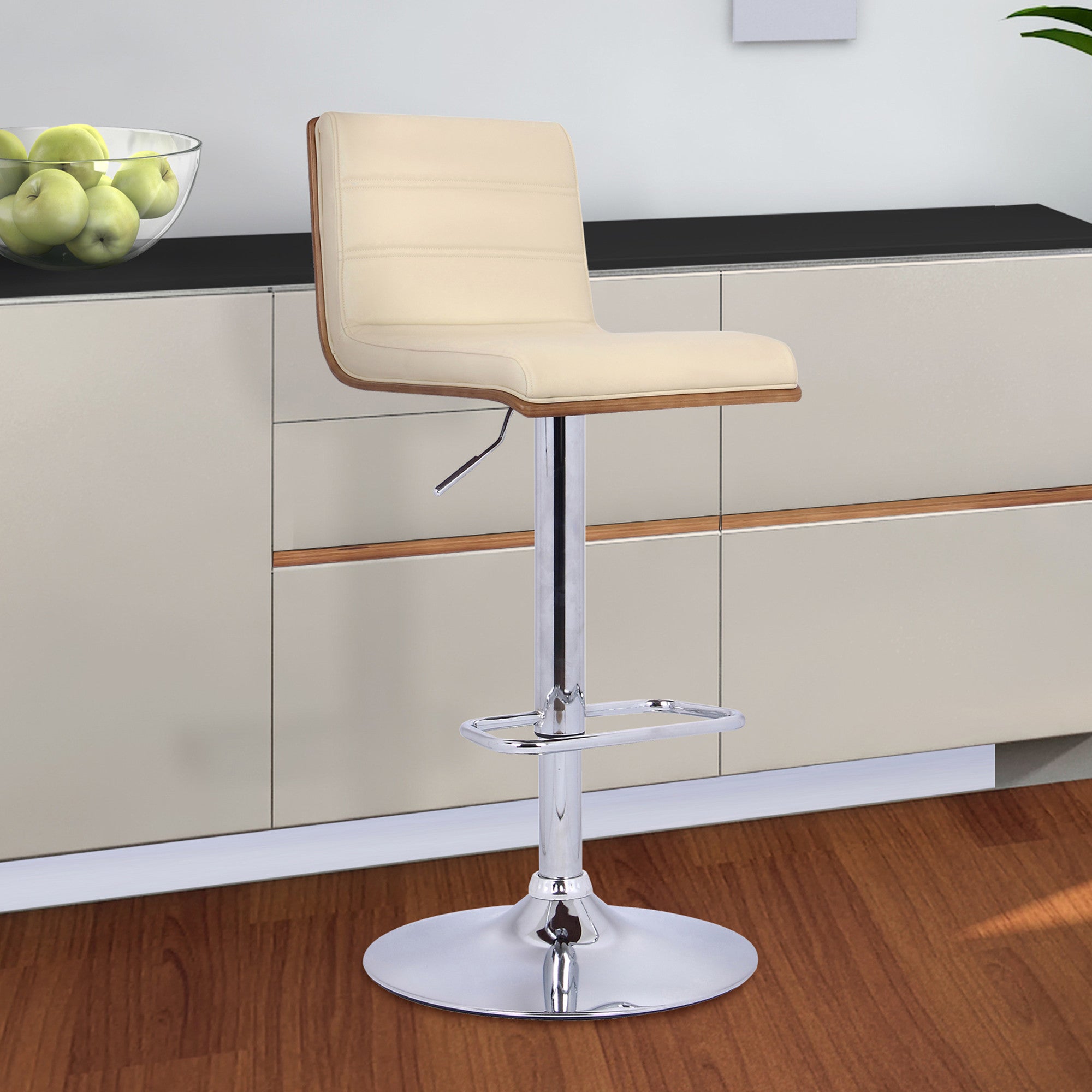 Cream Faux Leather Walnut and Chrome Adjustable Swivel Bar Stool