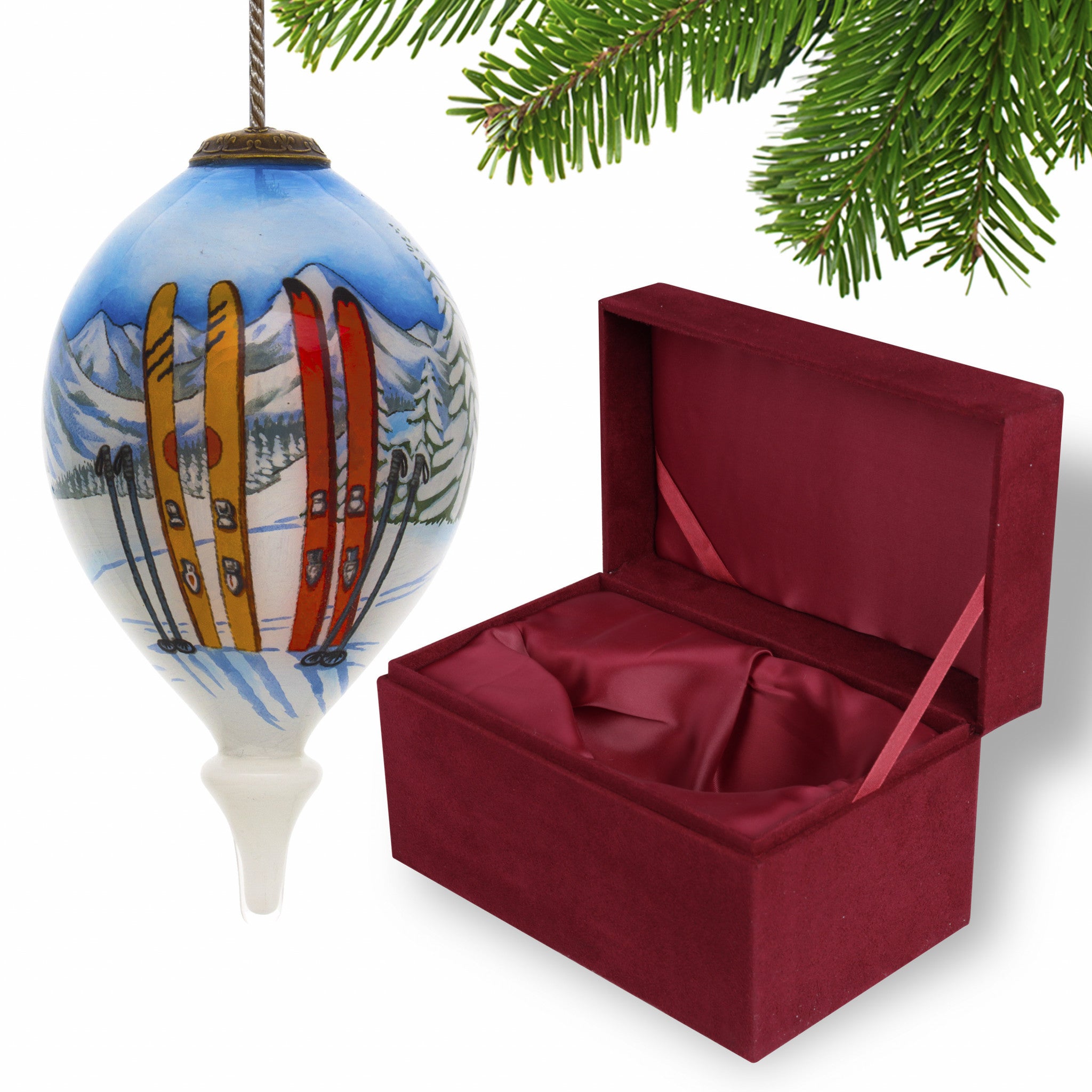 Hit the Slopes Ski Vacation Hand Painted Mouth Blown Glass Ornament