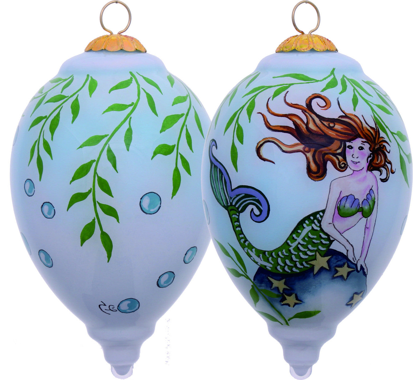 Green Mermaid Hand Painted Mouth Blown Glass Ornament