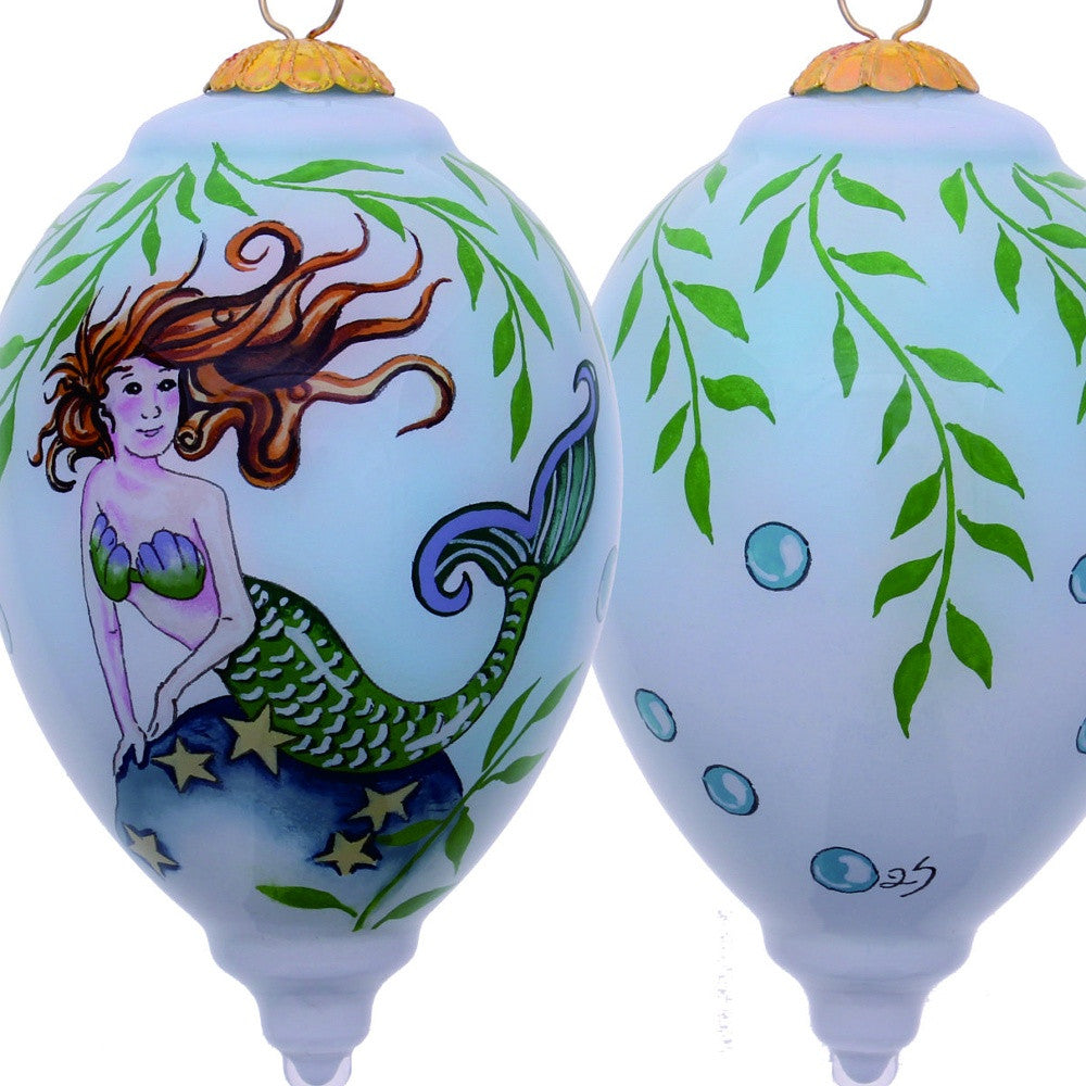 Green Mermaid Hand Painted Mouth Blown Glass Ornament