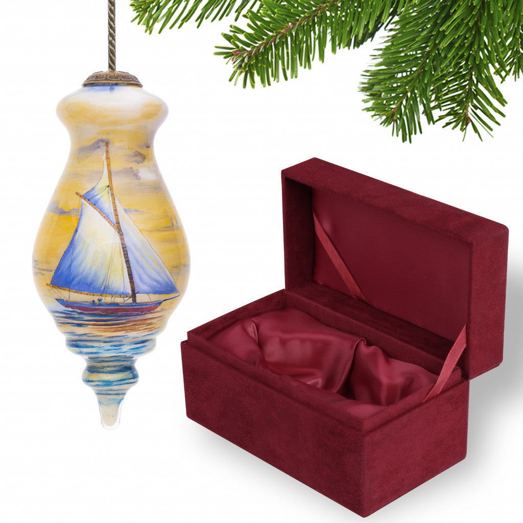 Boat Sailing At First Light Hand Painted Mouth Blown Glass Ornament