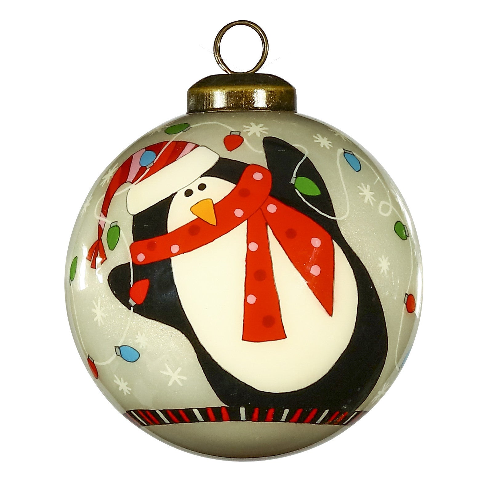Festive Penguin Hand Painted Mouth Blown Glass Ornament