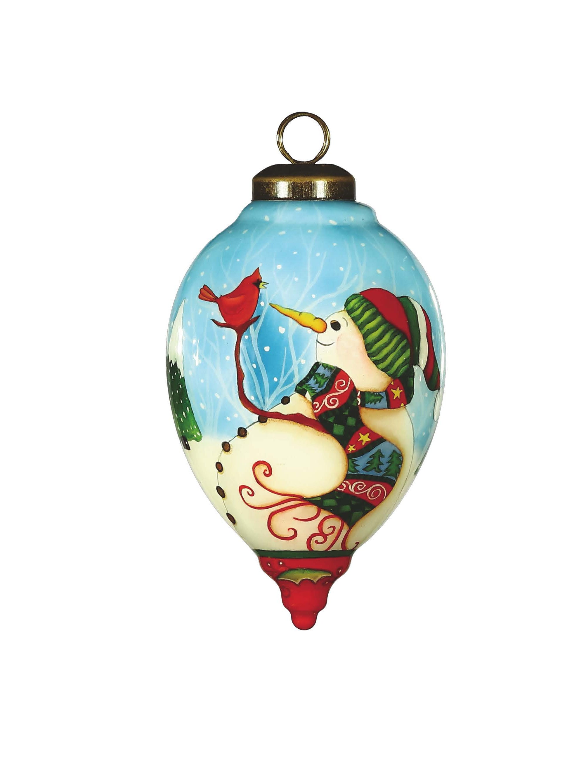 Snowman and Red Cardinal Hand Painted Mouth Blown Glass Ornament