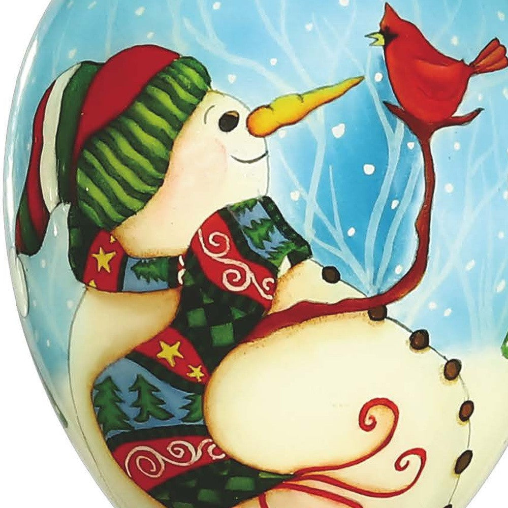 Snowman and Red Cardinal Hand Painted Mouth Blown Glass Ornament