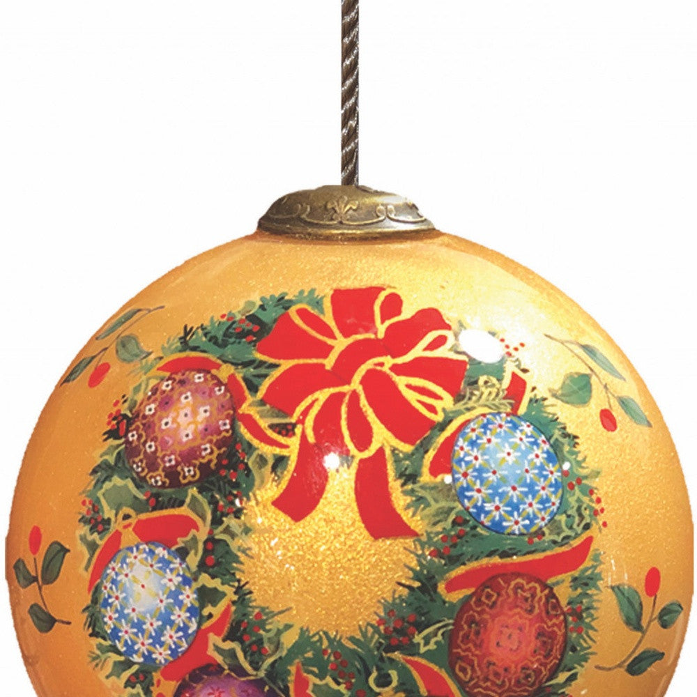 Holly and Wreath with Colorful Balls Hand Painted Mouth Blown Glass Ornament