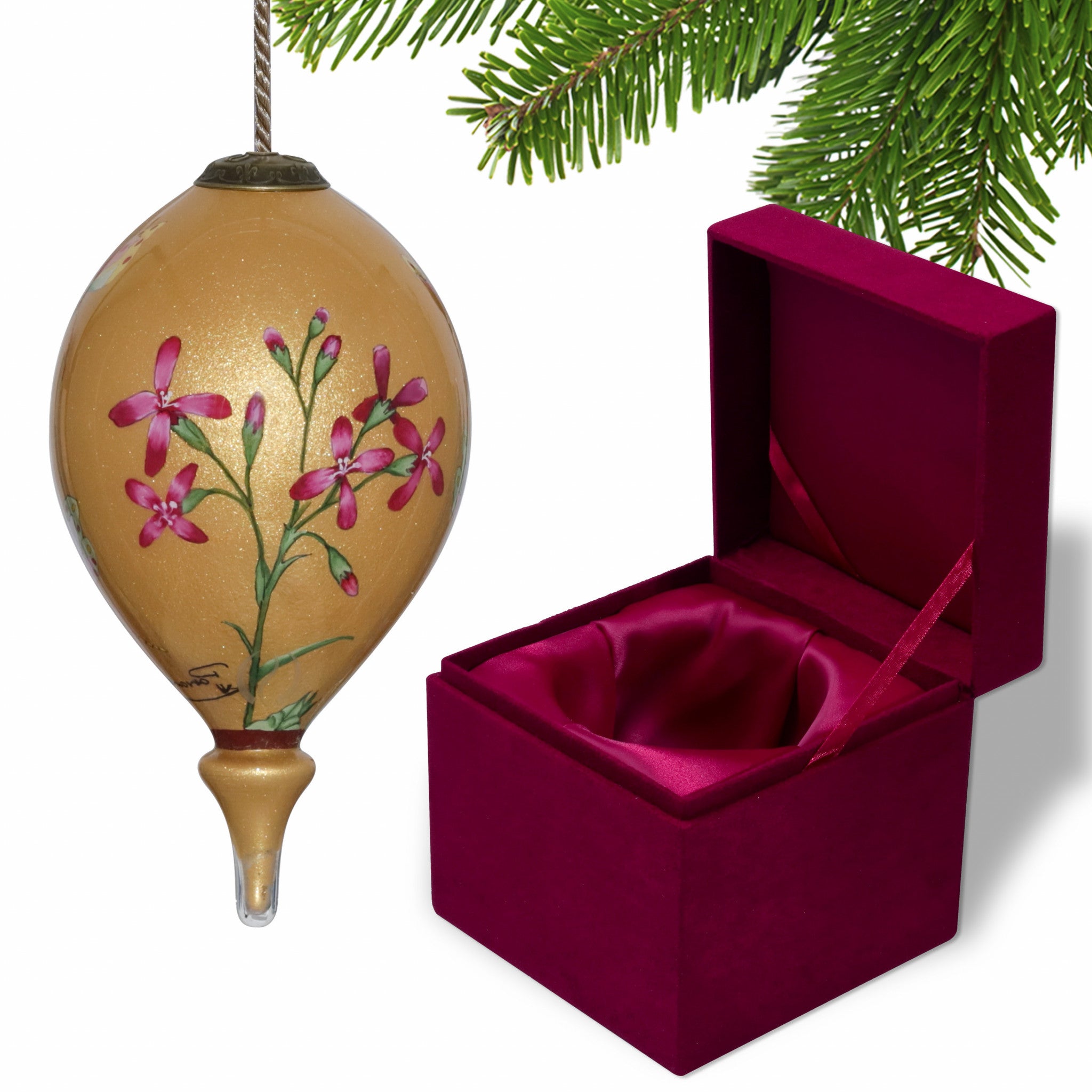 Golden Flowers and Dragon Hand Painted Mouth Blown Glass Ornament