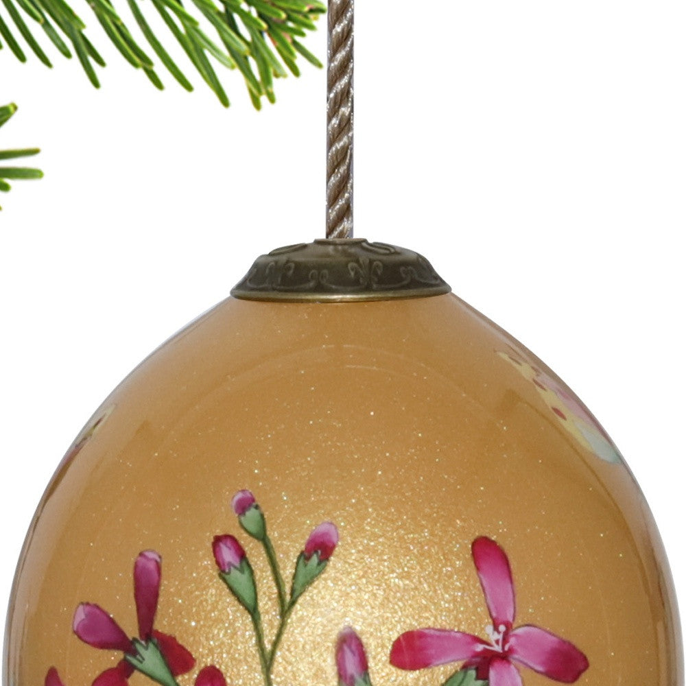 Golden Flowers and Dragon Hand Painted Mouth Blown Glass Ornament
