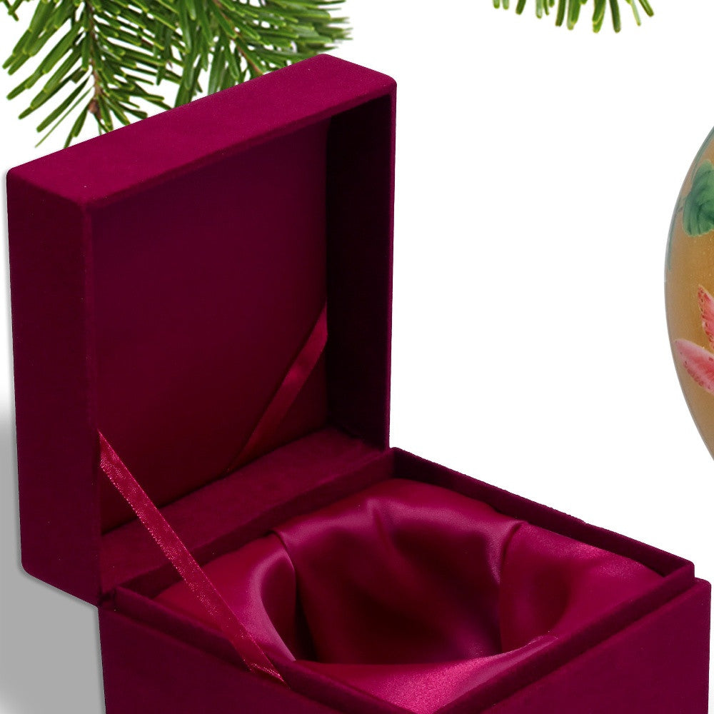 Golden Flowers and Hummingbirds Hand Painted Mouth Blown Glass Ornament