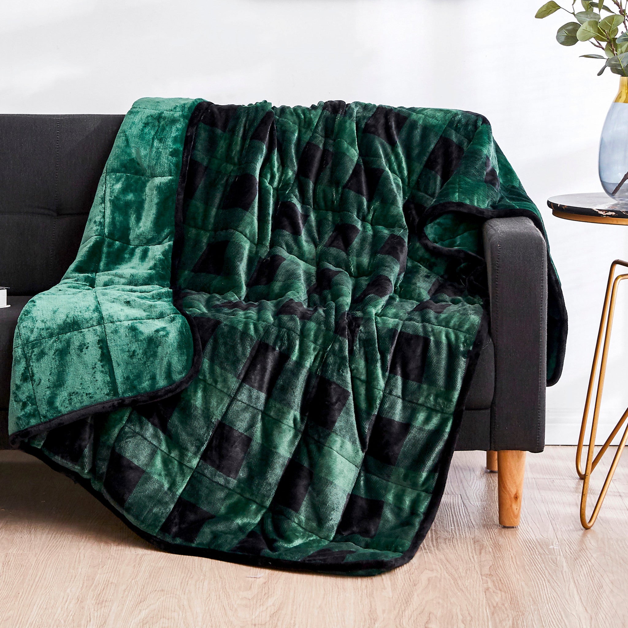 Green Plaid Weighted Velvet and Velvet Throw Blanket