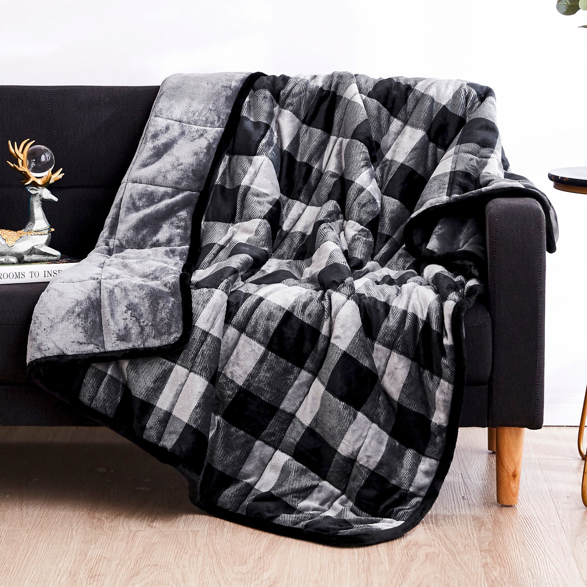 Charcoal Plaid Weighted Velvet and Velvet Throw Blanket