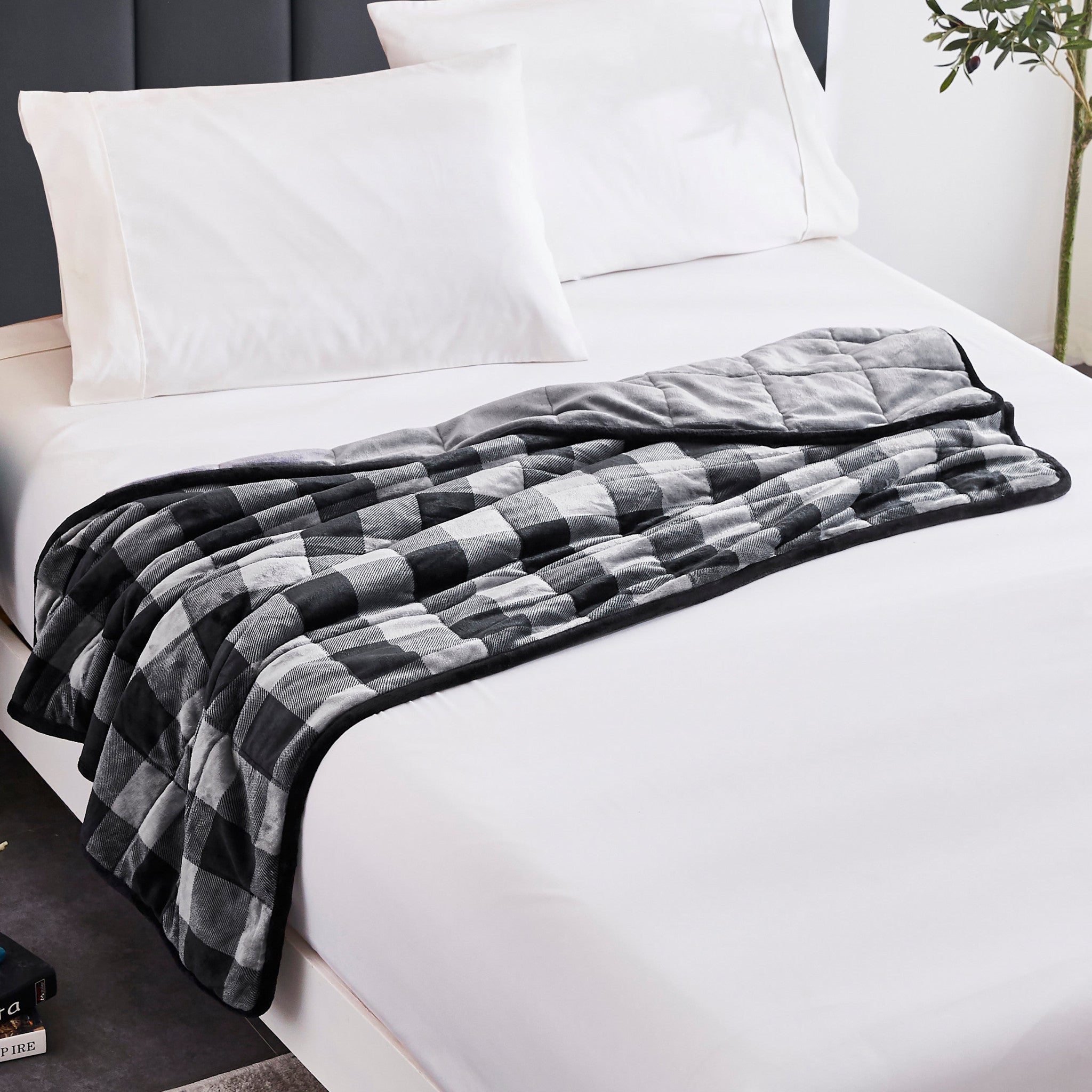 Charcoal Plaid Weighted Velvet and Velvet Throw Blanket