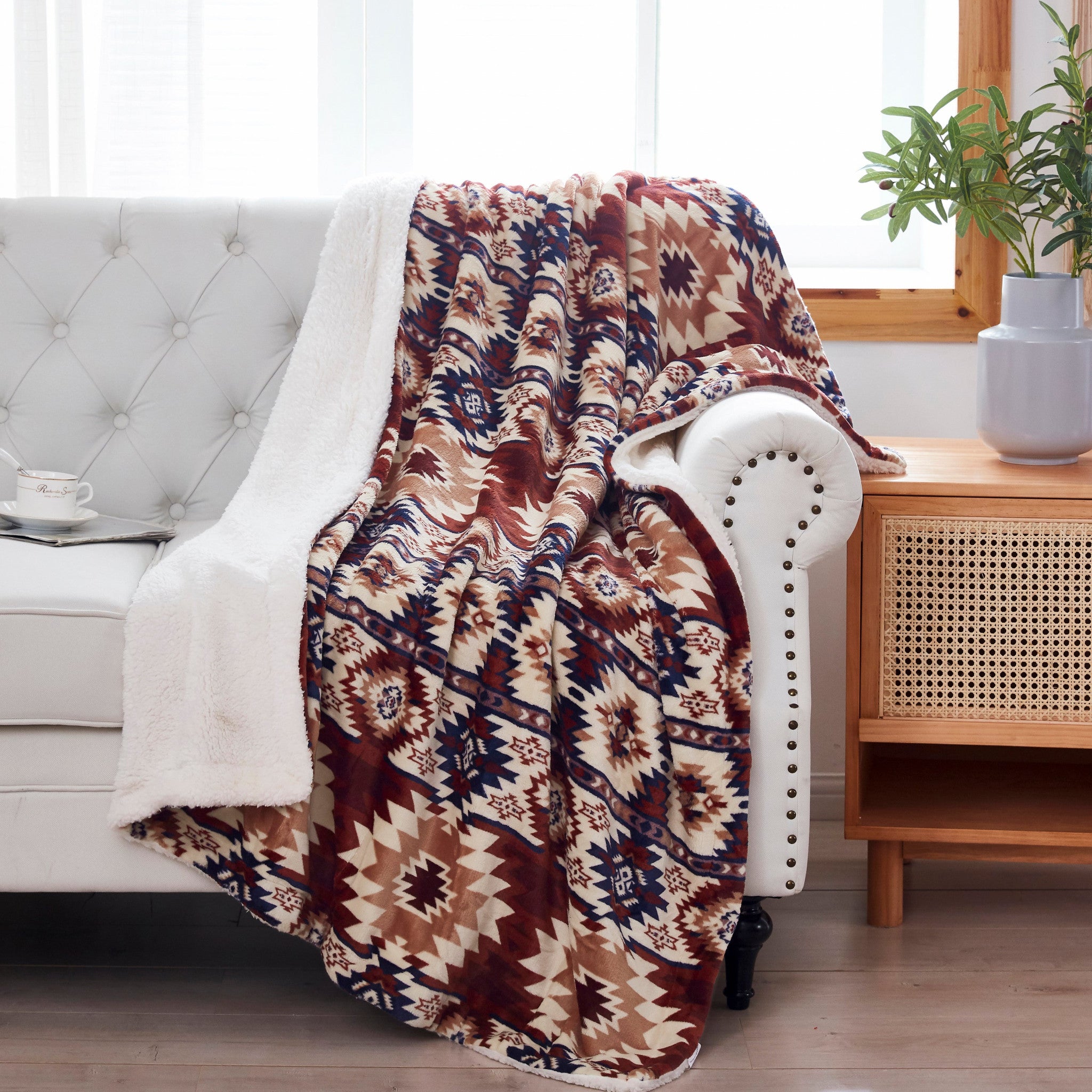 Multicolored Reversible Velvet and Sherpa Throw Blanket