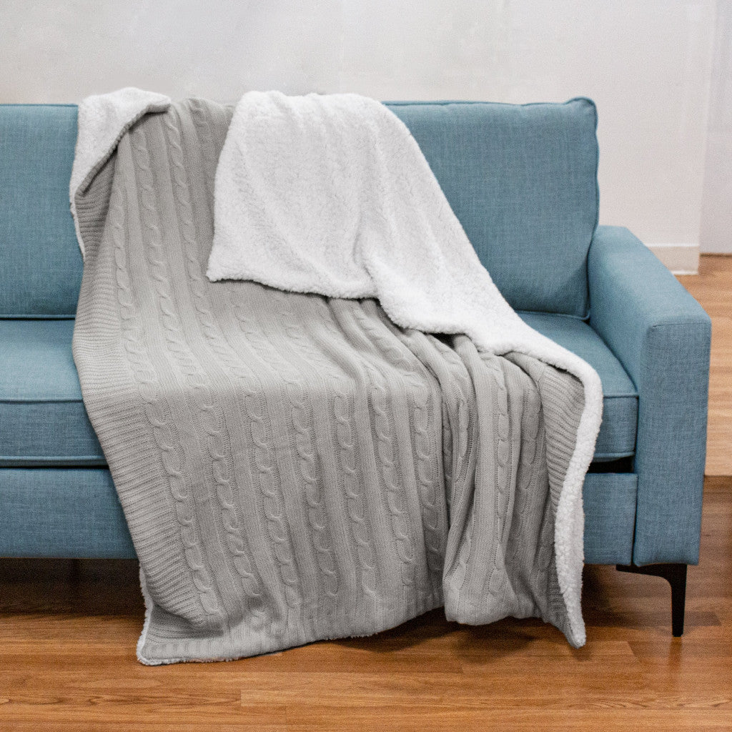 Reversible Quiet Grey Cable Knit and Sherpa Throw Blanket