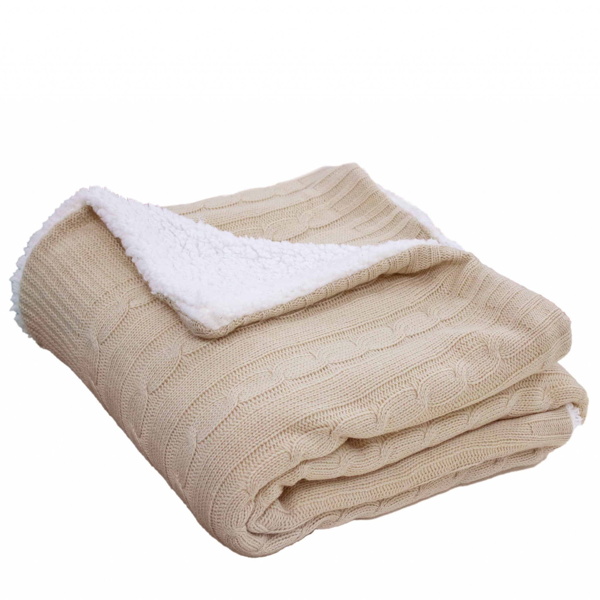 Reversible French Oak Cable Knit and Sherpa Throw Blanket