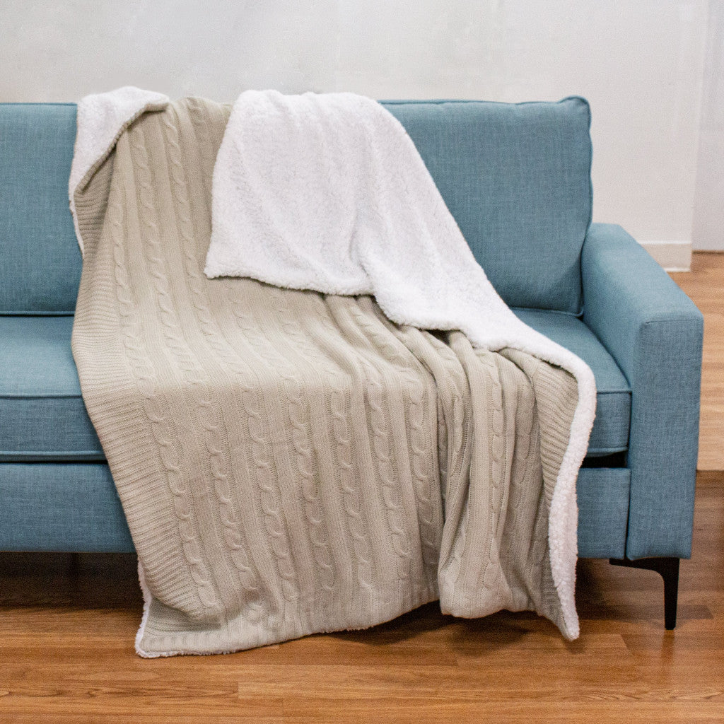 Reversible French Oak Cable Knit and Sherpa Throw Blanket