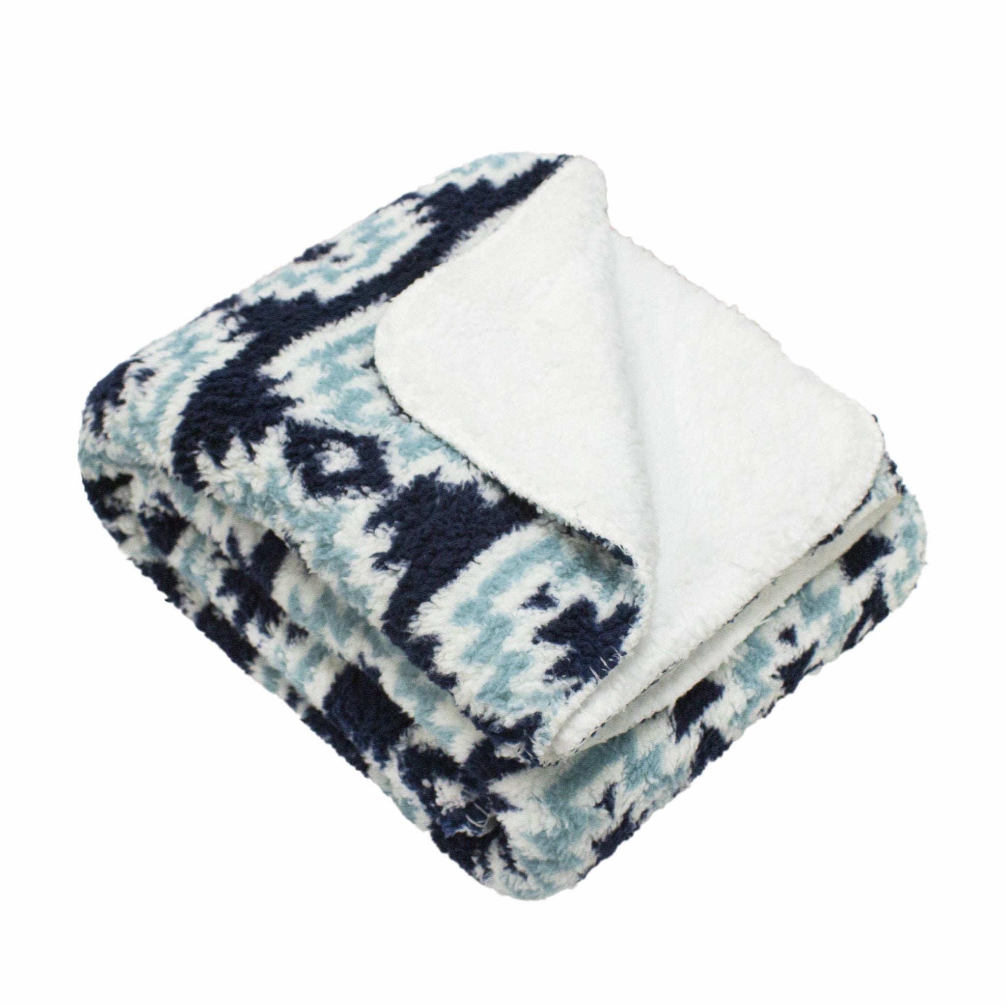 Navy Reverse and White Printed Sherpa and Sherpa Throw Blanket